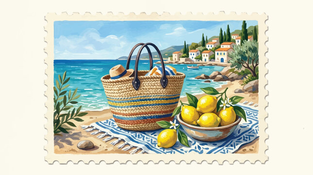 A vintage bag and bowl of lemons on a blue and white beach towel by the sea with houses in the background.