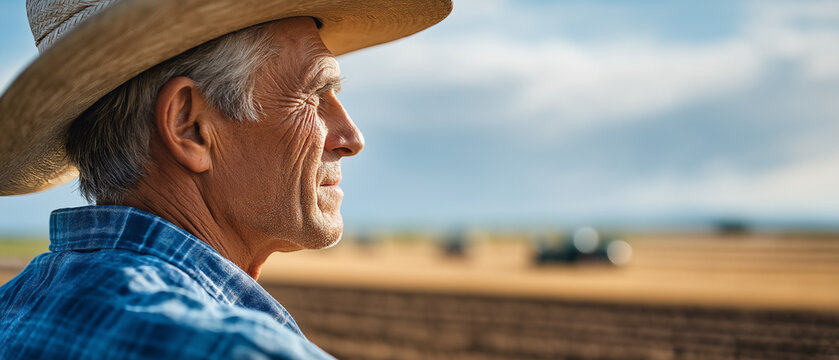 Farmer's Gaze: A weathered farmer, his face etched with a lifetime of sun and soil, gazes contemplatively towards the horizon. Wearing a classic straw hat and a plaid shirt.