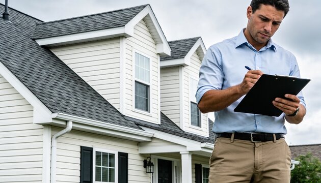 Professional man writing on a clipboard in front of a residential house, real estate inspection and property appraisal for home buying or insurance