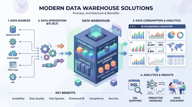 Modern data warehouse solutions with cloud computing and analytics.