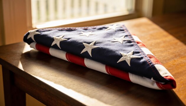 Folded American flag resting on a wooden table in warm sunlight from a window, symbol of patriotism and honor for military veteran memorial and national holiday celebration