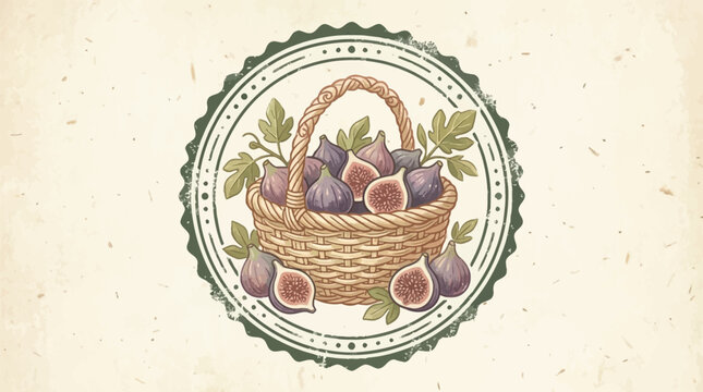 A vintage-style illustration of a wicker basket filled with figs and leaves on a beige background