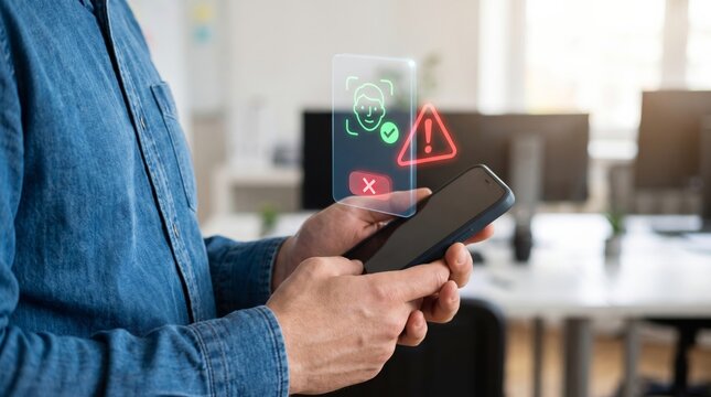 Hands holding smartphone showing biometric facial recognition failure alert, highlighting digital security challenges and identity verification issues on a mobile device