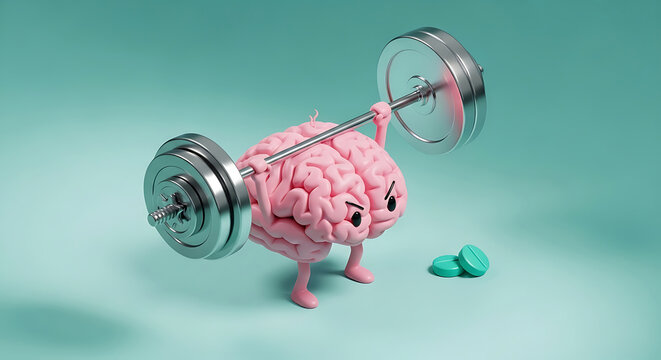 3d illustration of a brain lifting a heavy barbell with pills nearby