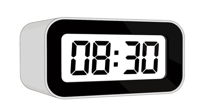 Digital alarm clock with glowing seven-segment display on a white background.