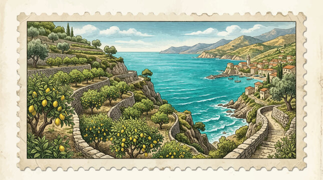 A vintage-style aerial view of a serene lemon orchard terrace overlooking a tranquil turquoise sea.