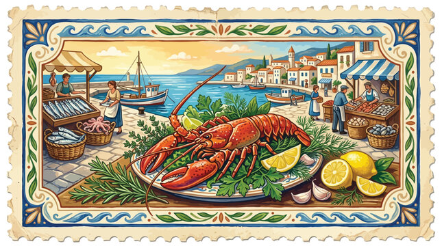 A vintage-style illustration of a lobster dish with herbs on a plate, set against a scenic coastal backdrop with buildings and boats.