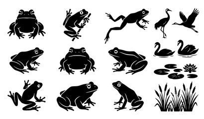 Fototapeta premium Frog and Wetland Wildlife Silhouette Icon Collection Featuring Various Amphibian Poses Crane Birds Swans and Lily Pads for Nature Designs Vector Illustration