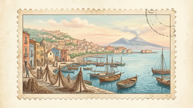 A vintage-style illustration of a harbor in Naples, Italy, with fishing nets and boats in the water