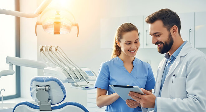 Dentist and assistant reviewing dental records on tablet
