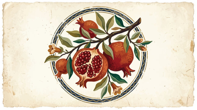 A vintage-style illustration of a pomegranate branch with leaves and fruit on a beige background