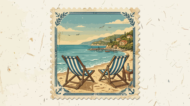Two vintage striped deckchairs on sandy beach facing turquoise sea and distant mountains