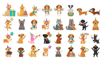 Fototapeta premium Happy Dog Birthday Party Flat Vector Clipart Collection with Cute Puppy Characters