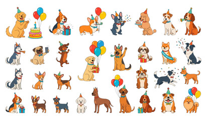 Fototapeta premium Lovely Dogs and Puppies Party Celebration Flat Vector Illustration Set for Kids and Pet Designs