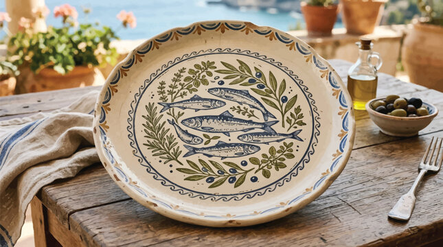 Close-up overhead shot of a decorative ceramic plate featuring a sardines and herbs stamp pattern, placed on a textured wooden surface with natural elements.