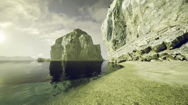 Quiet meditation bay framed by rugged cliffs and soft sand, still water and natural textures create wellness and mindfulness vibe for retreat, yoga
