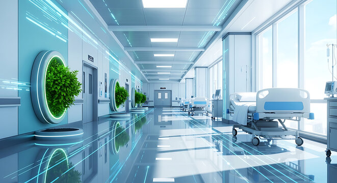 Modern hospital hallway with futuristic design and medical beds