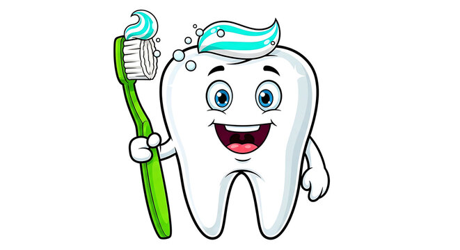 Cartoon tooth character holding a toothbrush with toothpaste