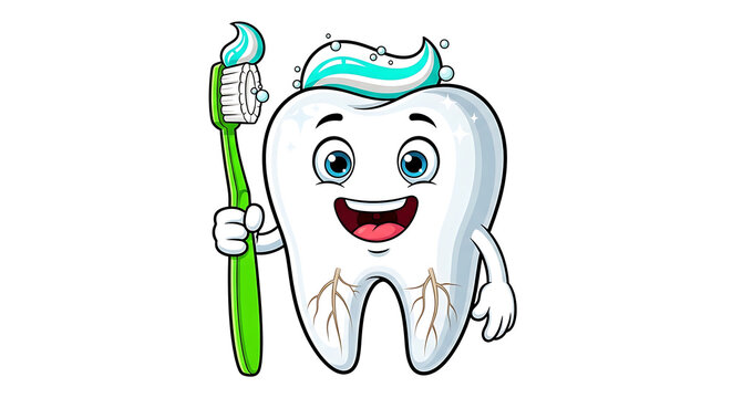 Cartoon tooth character with visible roots holding a toothbrush