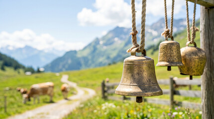Fototapeta premium Brass cowbells hanging on wooden fence in Swiss mountain landscape 