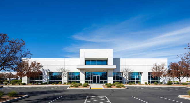 Front view of a modern office building with parking lot