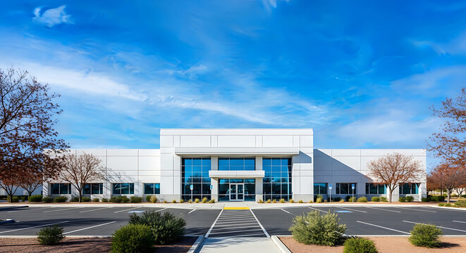 Symmetrical front view of a modern commercial office building
