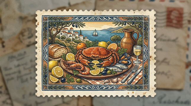 A colorful illustration of a crab on a plate with citrus fruits and leaves on a vintage-style stamp