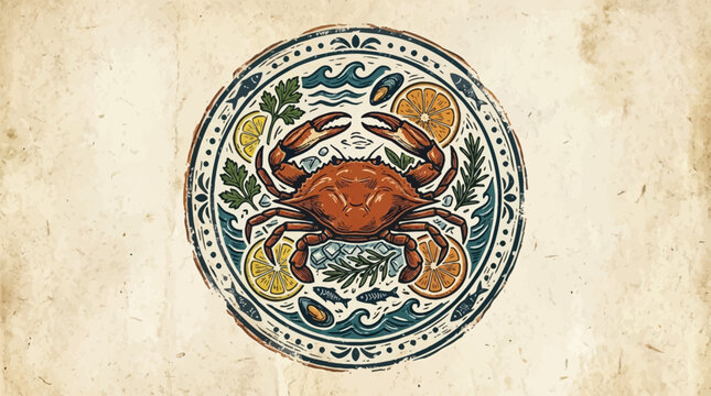 A colorful crab stamp design on a decorative plate with a vintage background
