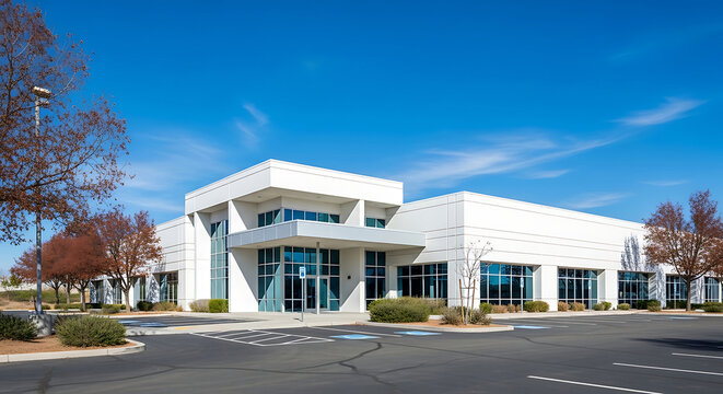 Modern commercial office building exterior with parking lot