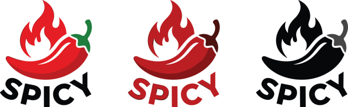 Hot spicy chili pepper logo icon vector illustration set with fire flames for restaurant menu rating labels design template