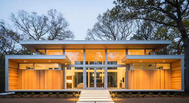 Modern architectural home exterior at dusk