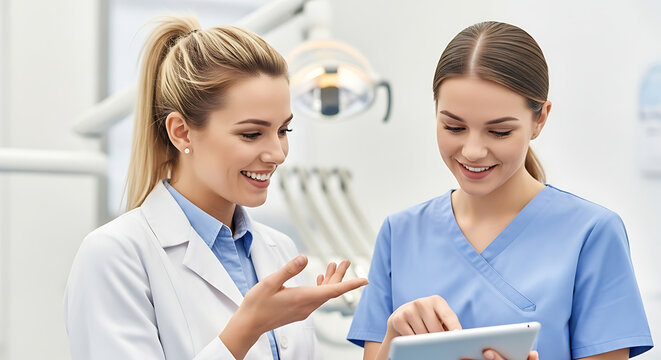 Female dentist and assistant looking at a tablet in a dental clinic