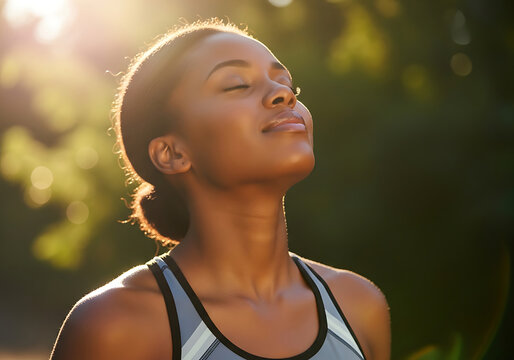 Young woman enjoying fresh air and sunlight in nature