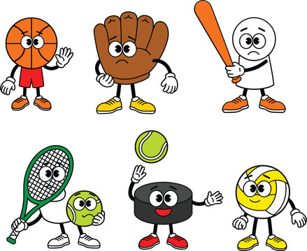 Cute Sports Mascot Collection Vector Set, Cartoon Athletic Equipment Characters and Fun Game Illustration Design Elements