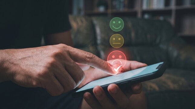 Hands holding a smartphone to provide positive customer feedback, reflecting excellent service through an interactive digital rating system