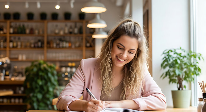 Happy woman writing in a notebook at a cafe