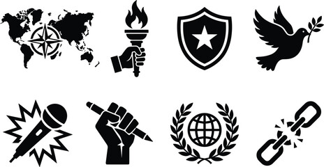 Human Rights and Freedom Icon Set with World Map Torch Shield Dove Microphone Raised Fist Globe and Broken Chain © ARNAB
