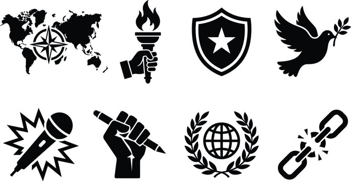 Human Rights and Freedom Icon Set with World Map Torch Shield Dove Microphone Raised Fist Globe and Broken Chain