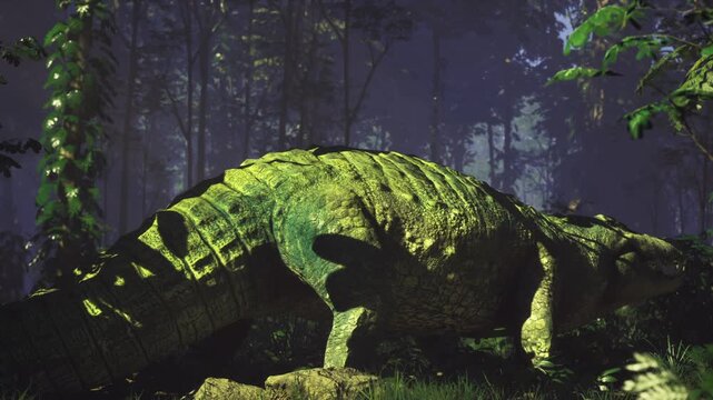Sunlit ancient reptile awakening at dawn, rising light pierces fog filled grove, golden rays highlight textured scales and wet moss, slow movement suggests