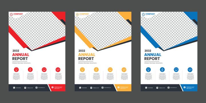 Set of three professional annual report cover page designs with abstract geometric shapes, placeholder for images, and business icons, modern corporate brochure layout template for 2032