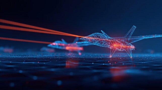 Futuristic fighter jets represented by glowing blue wireframes with orange energy beams are depicted in a dark digital environment. ..Created with Generative AI, not depicting real subjects.