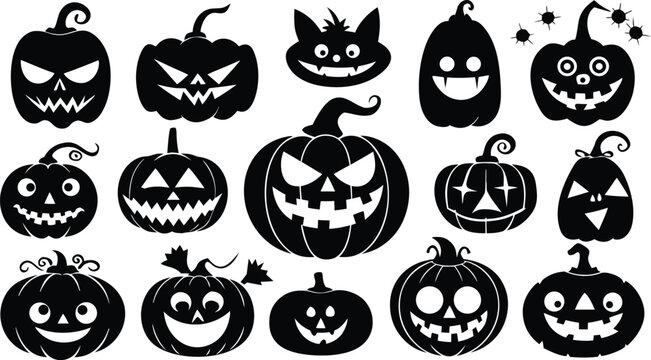Set of black halloween pumpkin silhouettes with scary and funny carved faces for fall holidays
