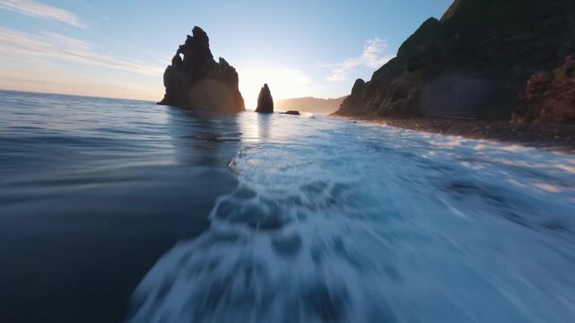 FPV Drone Flight Skimming Ocean Waves Toward Sea Stack at Sunset