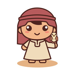 Obraz premium Cute chibi Arab boy wearing traditional thobe and ghutra holding a small falcon bird vector illustration.