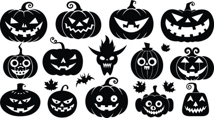 Obraz premium Set of black halloween pumpkin silhouettes with scary faces and spooky carved expressions