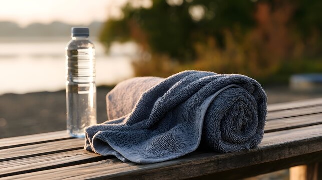 Modern fitness essentials including a towel and water bottle arranged on a clean surface bathed in soft natural morning light