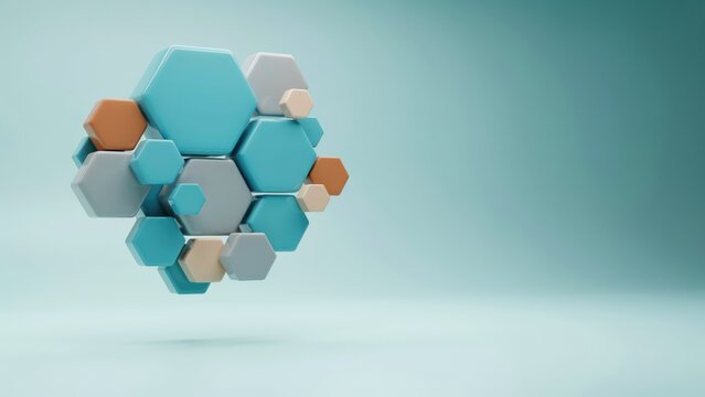 3D hexagonal shapes in various sizes and pastel colors clustered on a light blue gradient background.