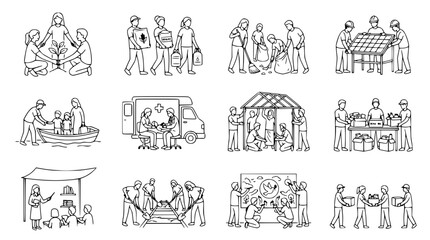 Obraz premium Community Service Icons: Volunteering, Charity, Environmental Care, Aid & Support