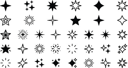 Black sparkle and star icons vector illustration set, minimalist line art twinkle symbols and magic sparks collection isolated © Sagor