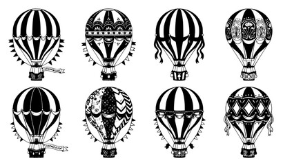 Fototapeta premium Vintage Hot Air Balloons Vector Set with Retro Flags Ribbons and Decorative Patterns